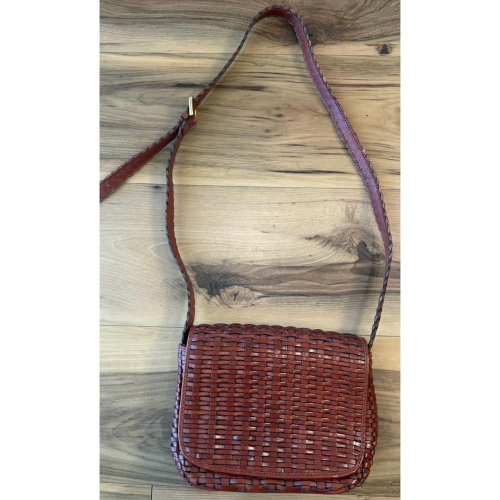 Talbots Genuine Leather Woven Crossbody Bag Cognac Brown Basketweave Boho